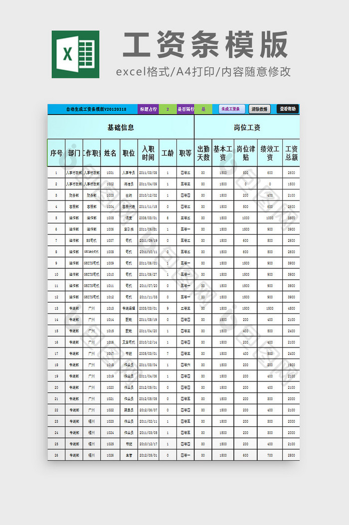 工资条模版excel模板