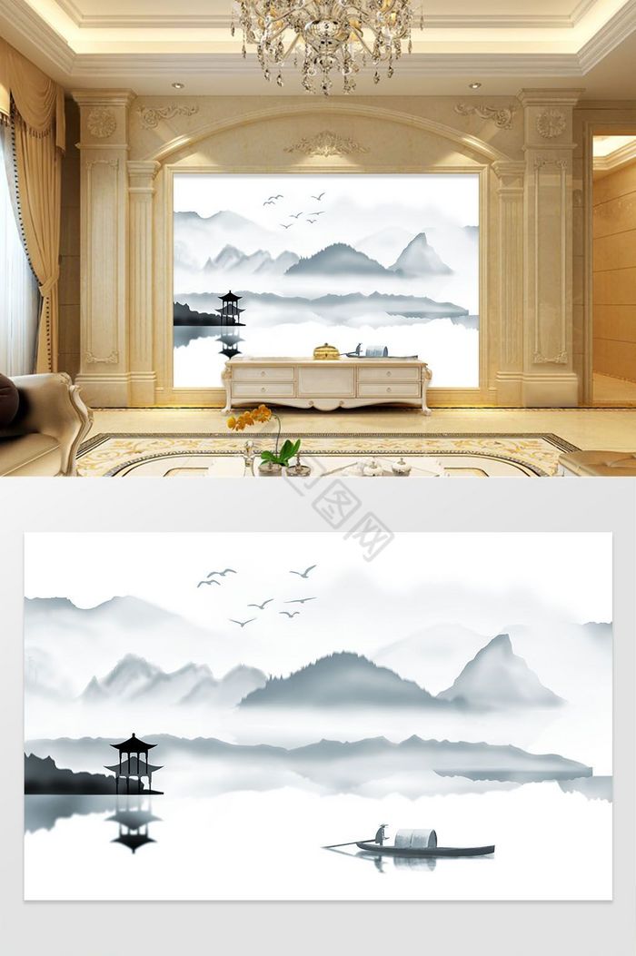 新中式水墨画山水客厅电视背景墙壁纸