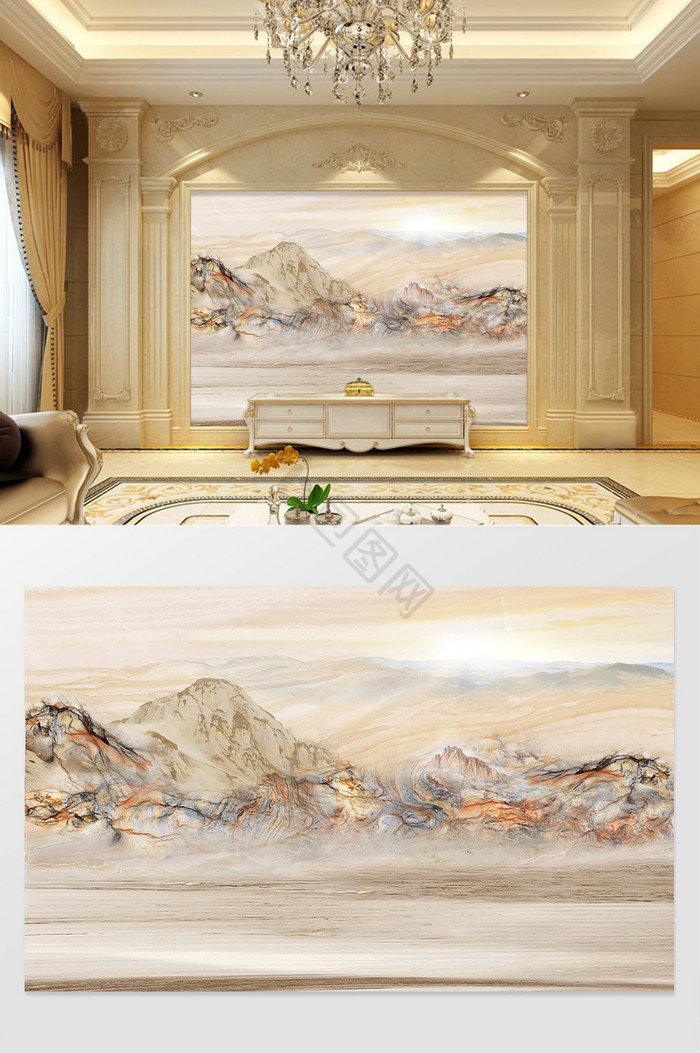 高清3D大理石纹山水花日出背景墙云天仙灵图片