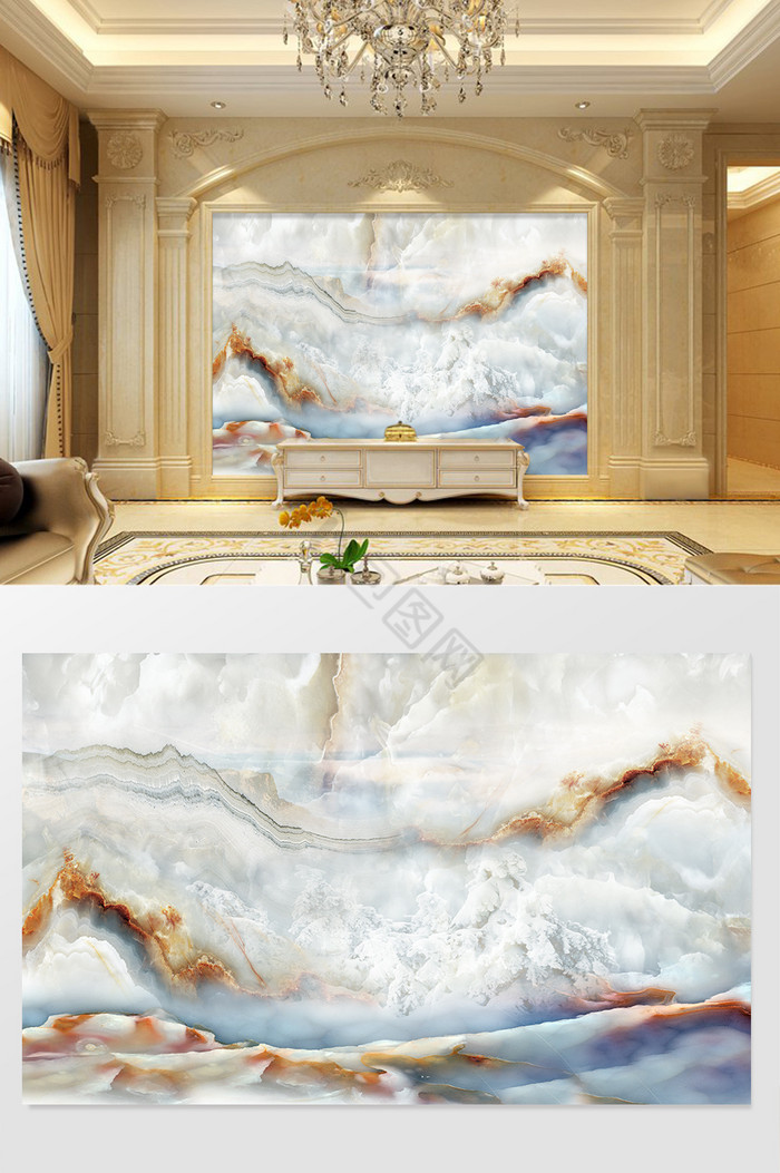 高清3D大理石纹山水花日出背景墙灵玉白歌图片