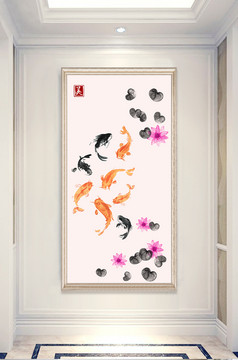 新中式荷塘金色浮雕荷叶锦鲤装饰画