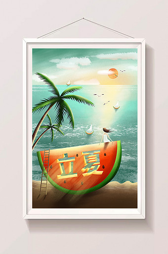 立夏海边西瓜夏天椰树海鸥大海日落看海插画图片