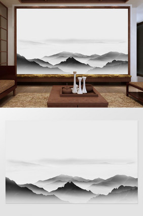 新中式朦胧山水画背景墙