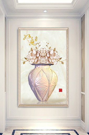 高清3D玫瑰花浮雕花瓶插花玄关过道装饰画图片