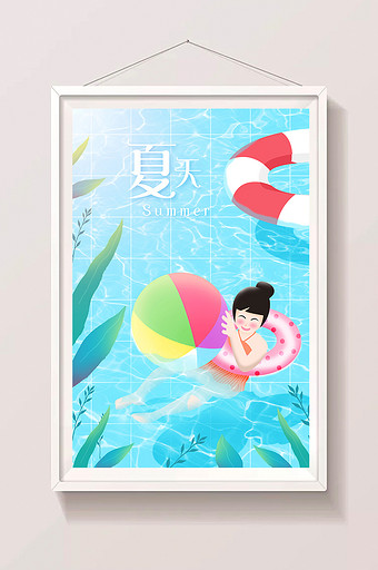 唯美清新夏天小女孩少女泳池游玩插画图片