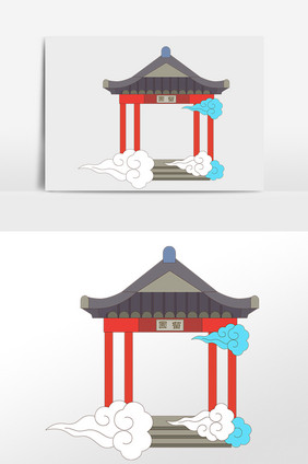 中国风建筑亭子苏州园林手绘插画