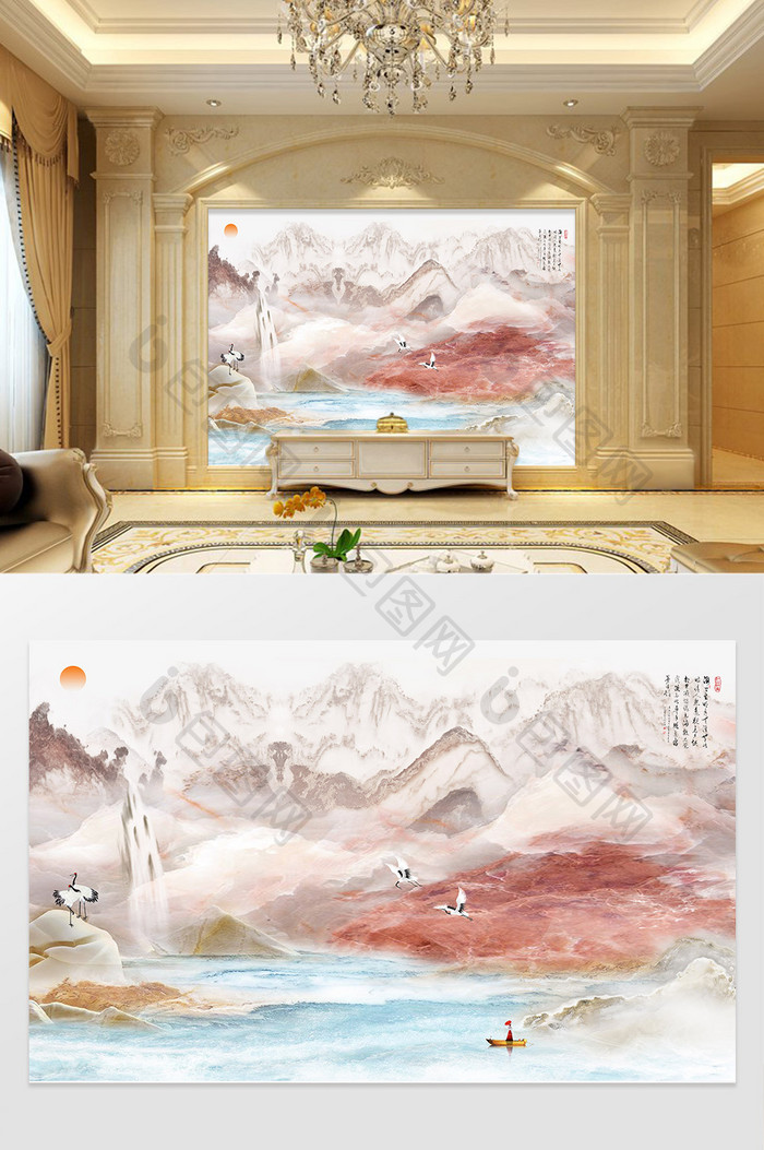 新中式水墨山水3D高清大理石电视背景墙设