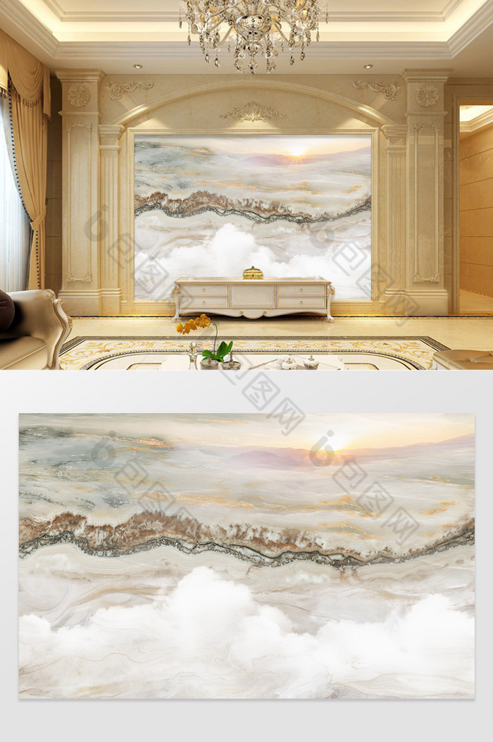 高清3D大理石纹山水花日出背景墙天地万象图片图片