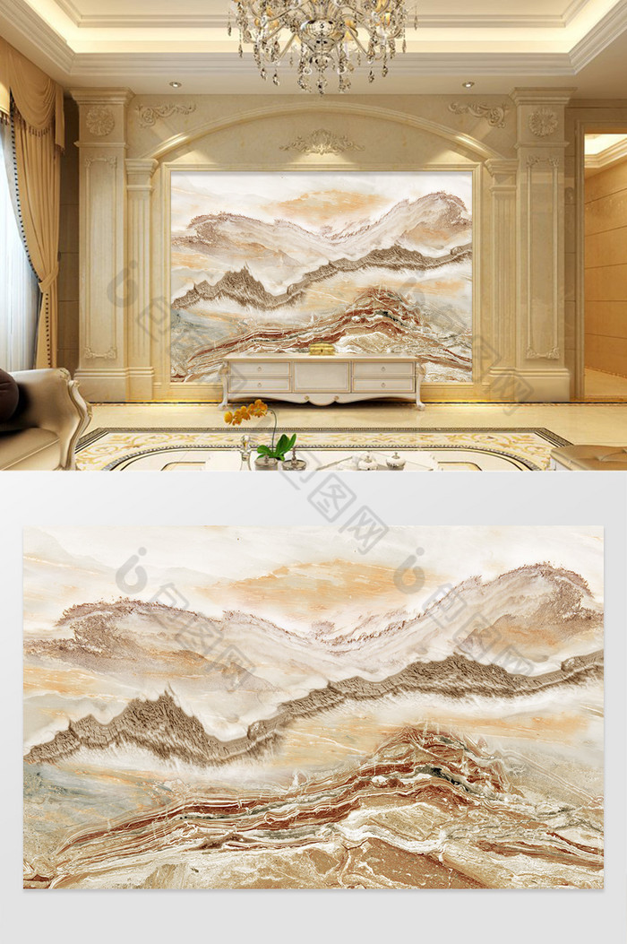 高清3D大理石纹山水花日出背景墙山之灵图片图片
