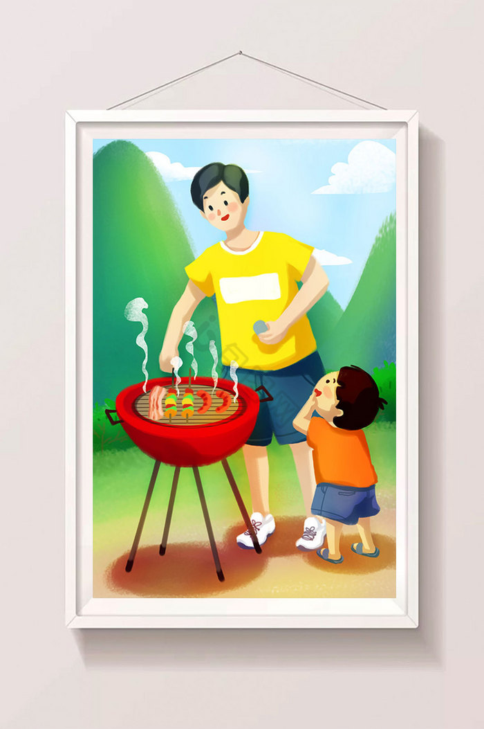 夏季父亲节带儿子旅游户外烧烤插画图片