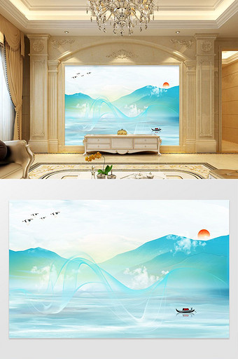 新中式抽象线条水墨山水风景电视背景墙图片