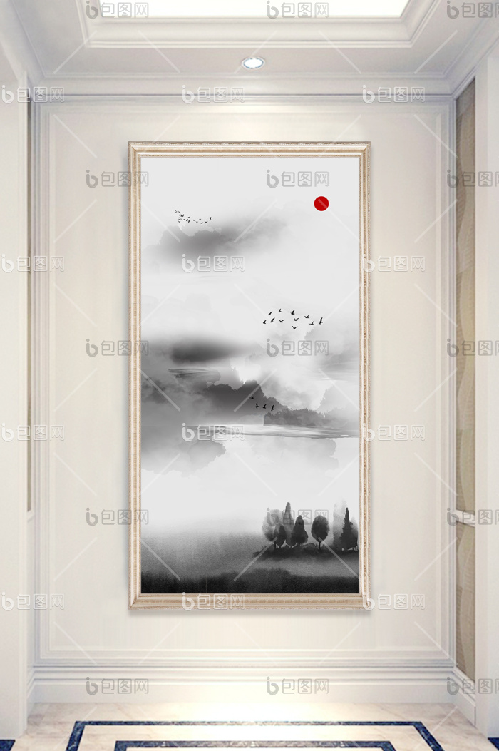 【中式水墨山水飞鸟玄关画山水玄关装饰画】图片下载-包图网