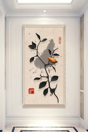 中国风水墨树枝小鸟玄关装饰画