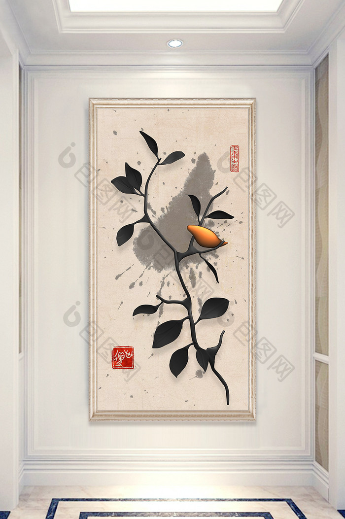 中国风水墨树枝小鸟玄关装饰画