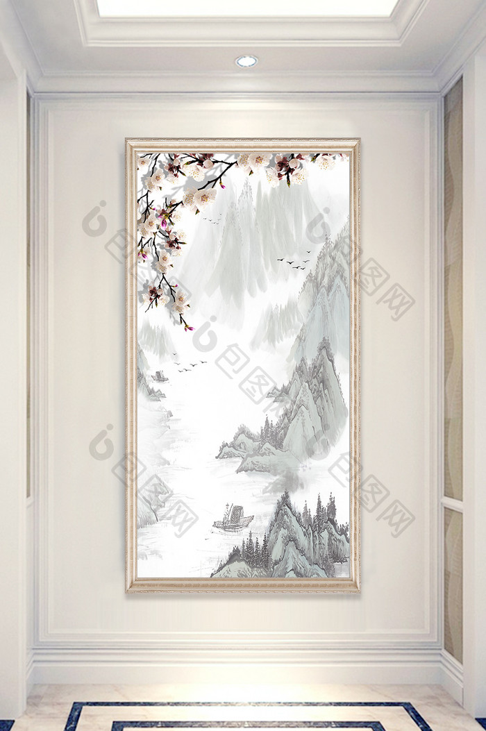 远眺青山梨花风景玄关装饰画