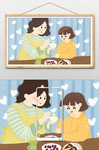 蓝色温馨母亲节插画母女插图卡通手绘喂饭图片