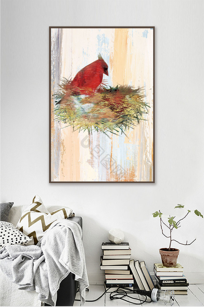 现代北欧红雀鸟巢油画单联装饰画图片