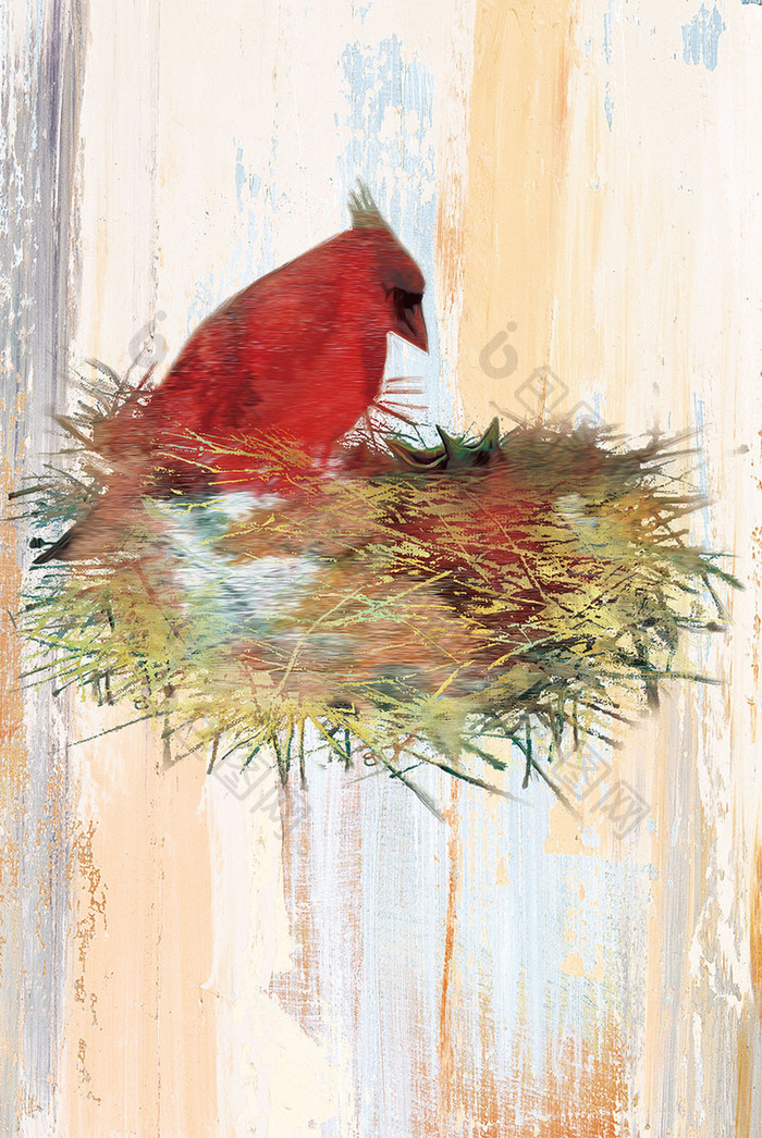 现代北欧红雀鸟巢油画单联装饰画