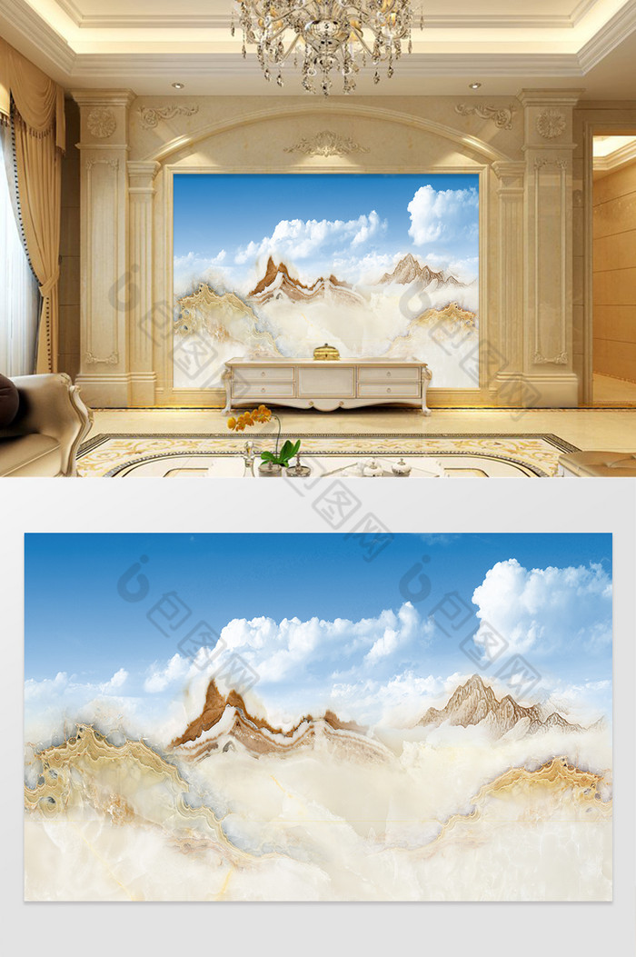 高清3D大理石纹山水花日出背景墙晴空图片图片