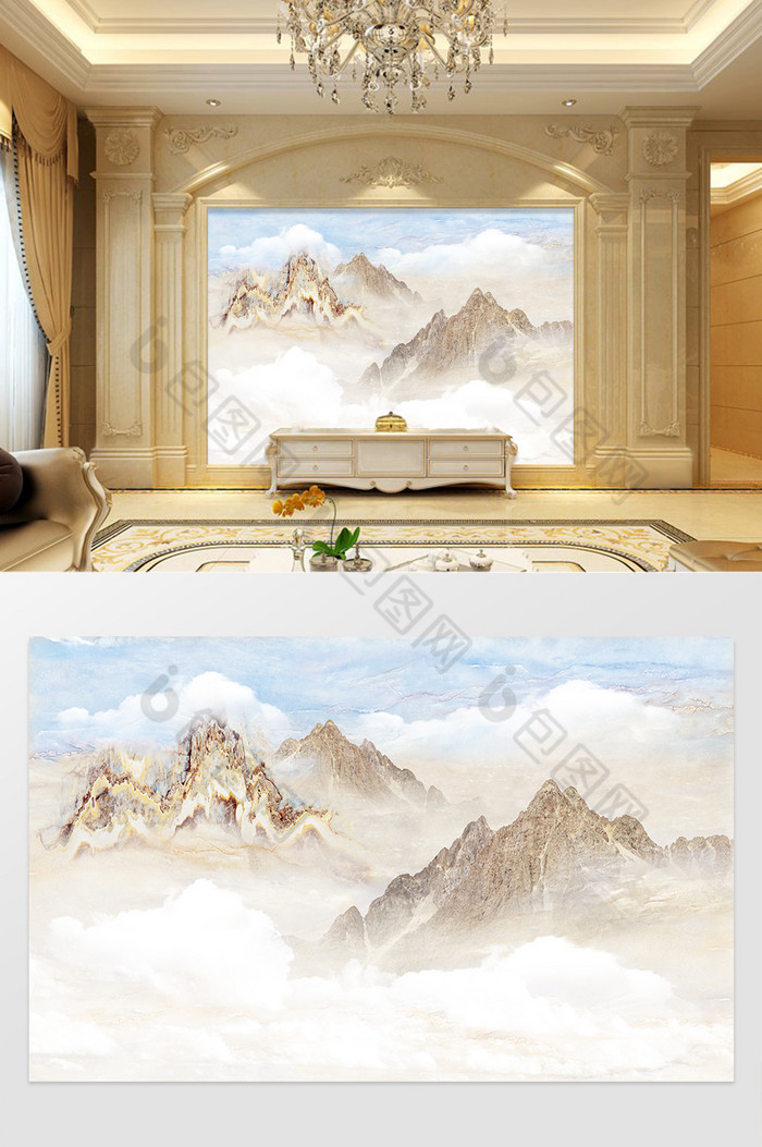 高清3D大理石纹山水花日出背景墙灵山白歌图片图片