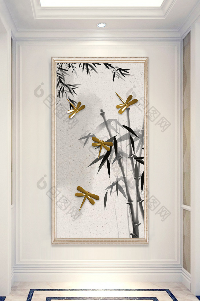 中国风水墨竹子浮雕蜻蜓玄关装饰画
