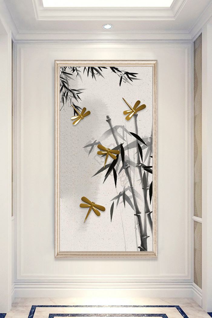 水墨竹子浮雕蜻蜓玄关装饰画图片