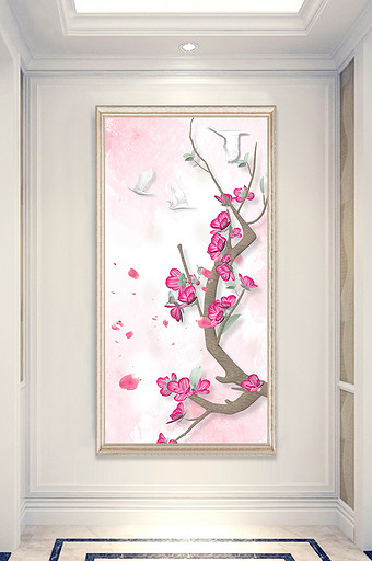新中式水彩风3D立体粉色花卉玄关装饰画图片