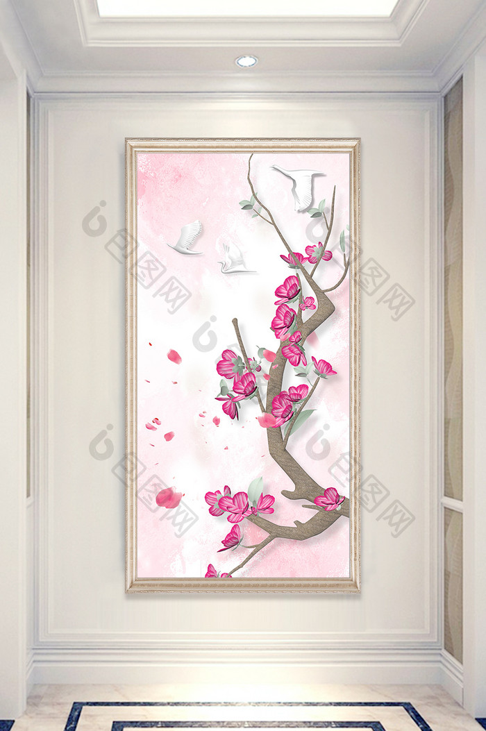 新中式水彩风3D立体粉色花卉玄关装饰画
