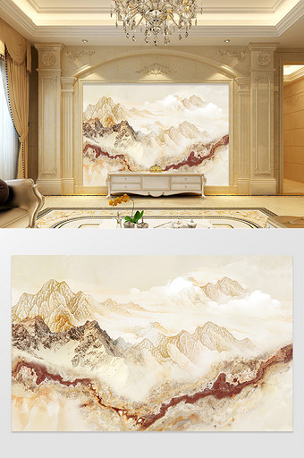 高清3D大理石纹山水花日出背景墙曲径通幽图片