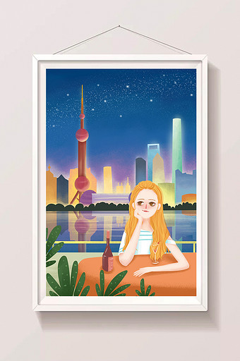 唯美夜景城市上海外滩旅游插画图片