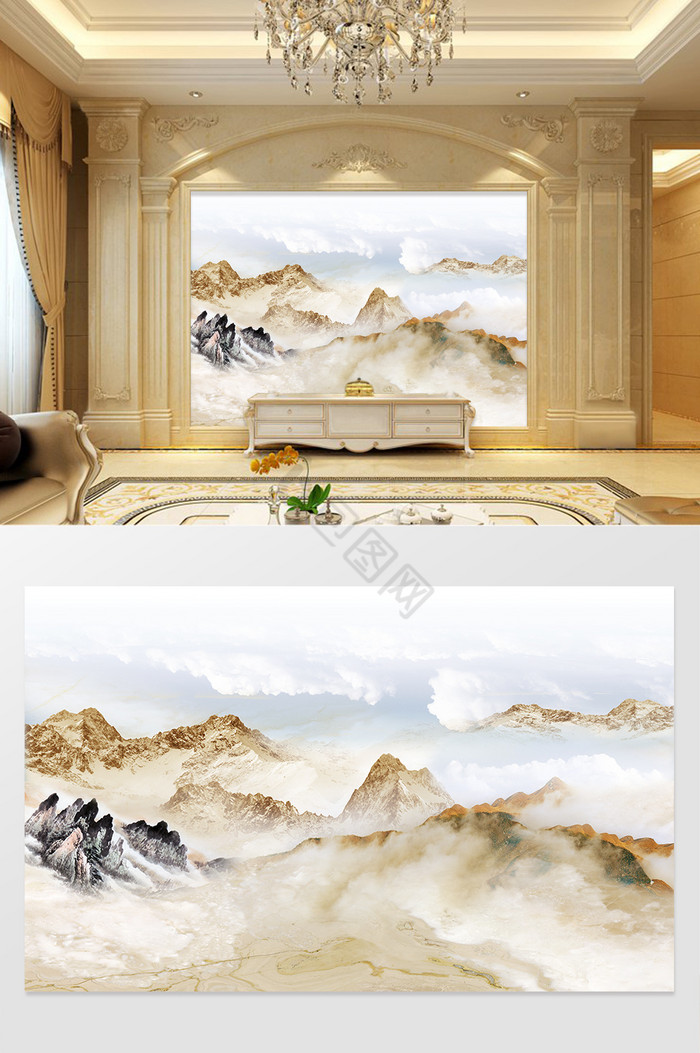 高清3D大理石纹山水花日出背景墙山中图片