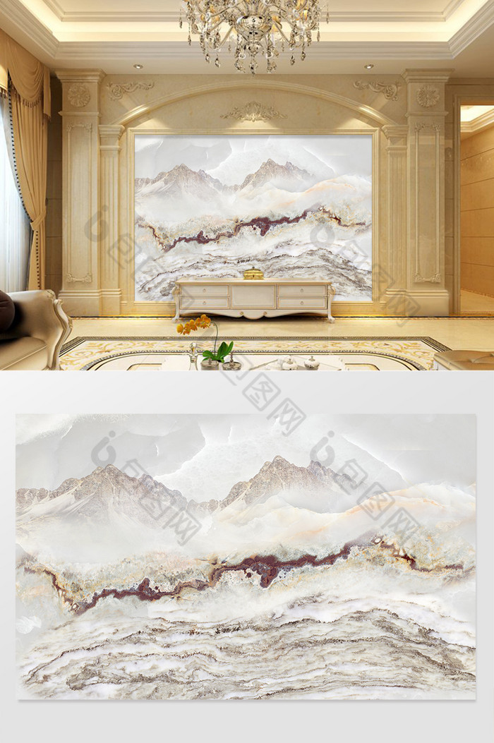 高清3D大理石纹山水花日出背景墙钟鼎山林图片图片