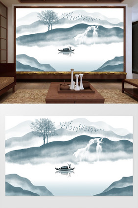 中式水墨山水画背景电视墙