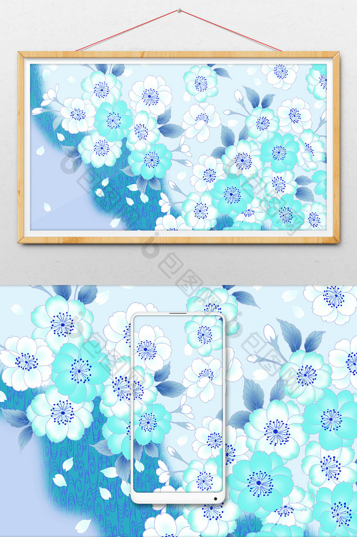 蓝色花朵扁平花朵扁平插画背景素材