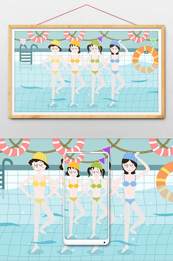 小清新可爱女孩游泳馆花样游泳插画图片