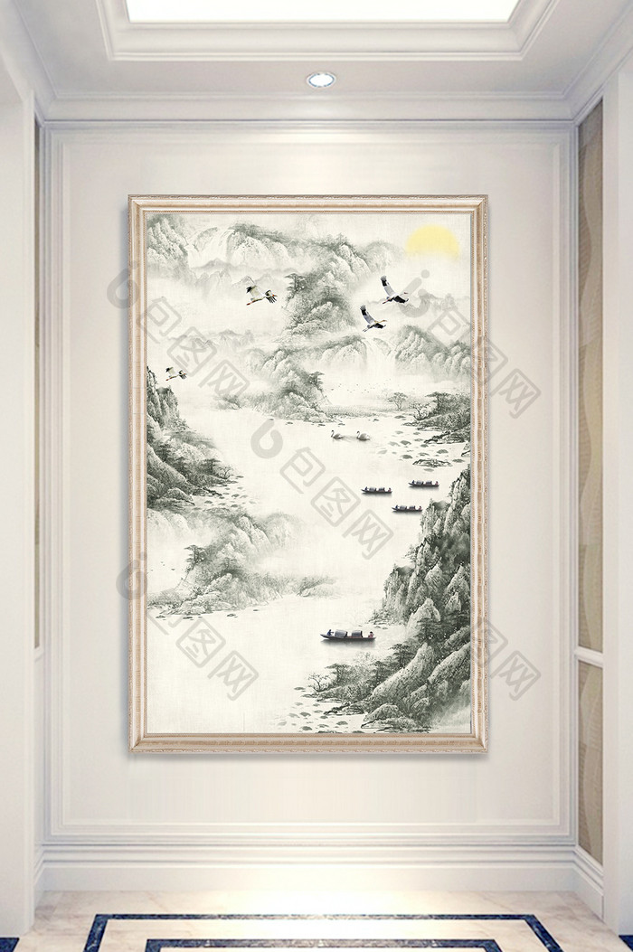 山水水墨青山渡口小舟风景玄关装饰画