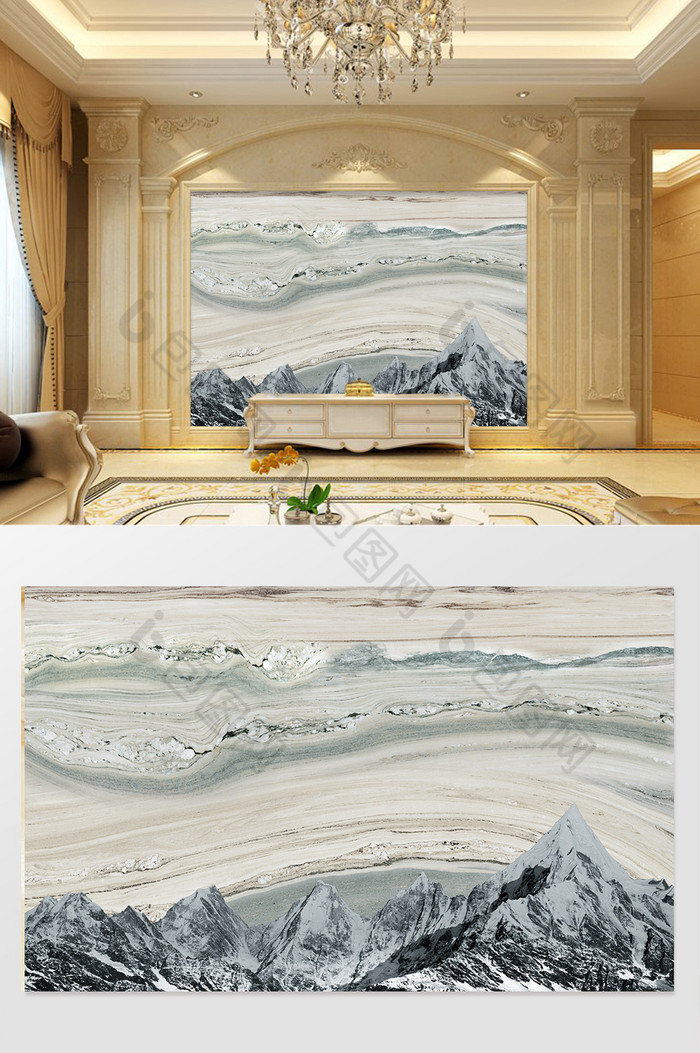 高清3D大理石纹山水花日出背景墙天地鎏金图片图片