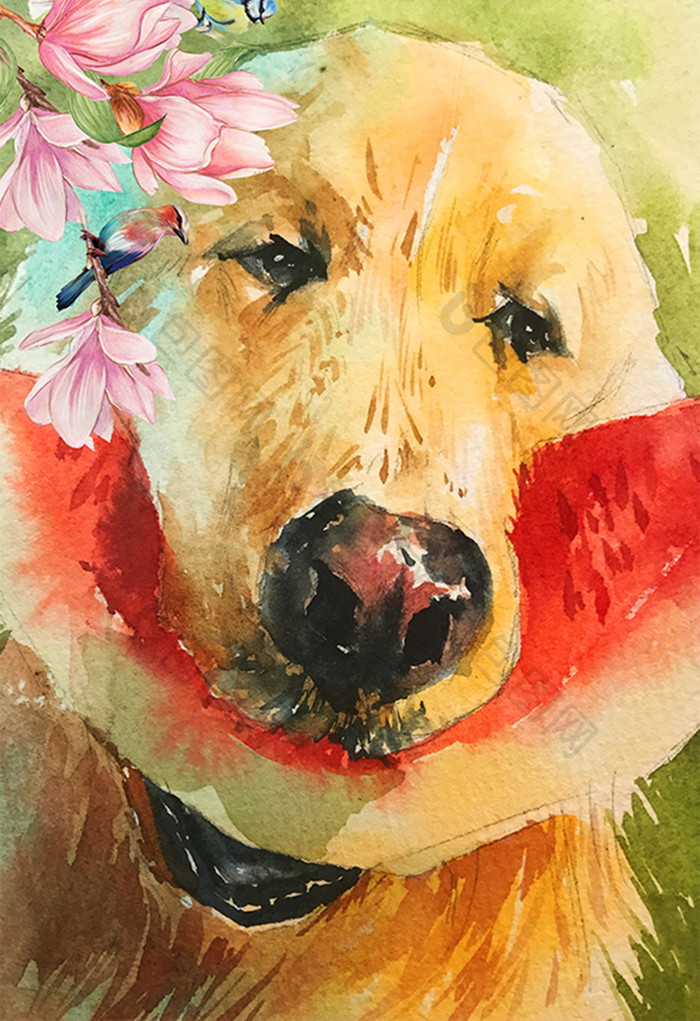 黄色夏日狗和西瓜插画水彩手绘插画素材