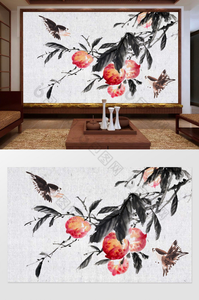 中式水墨风树枝麻雀电视背景墙图片图片