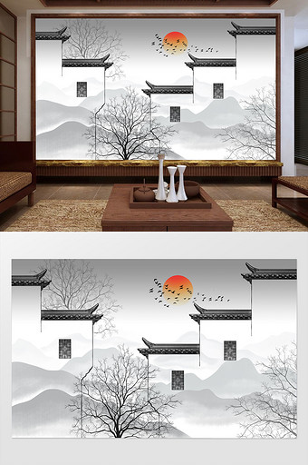 新中式徽派建筑马头墙背景装饰画图片