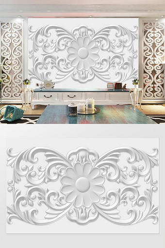 欧式简约3d浮雕花纹电视背景墙图片下载