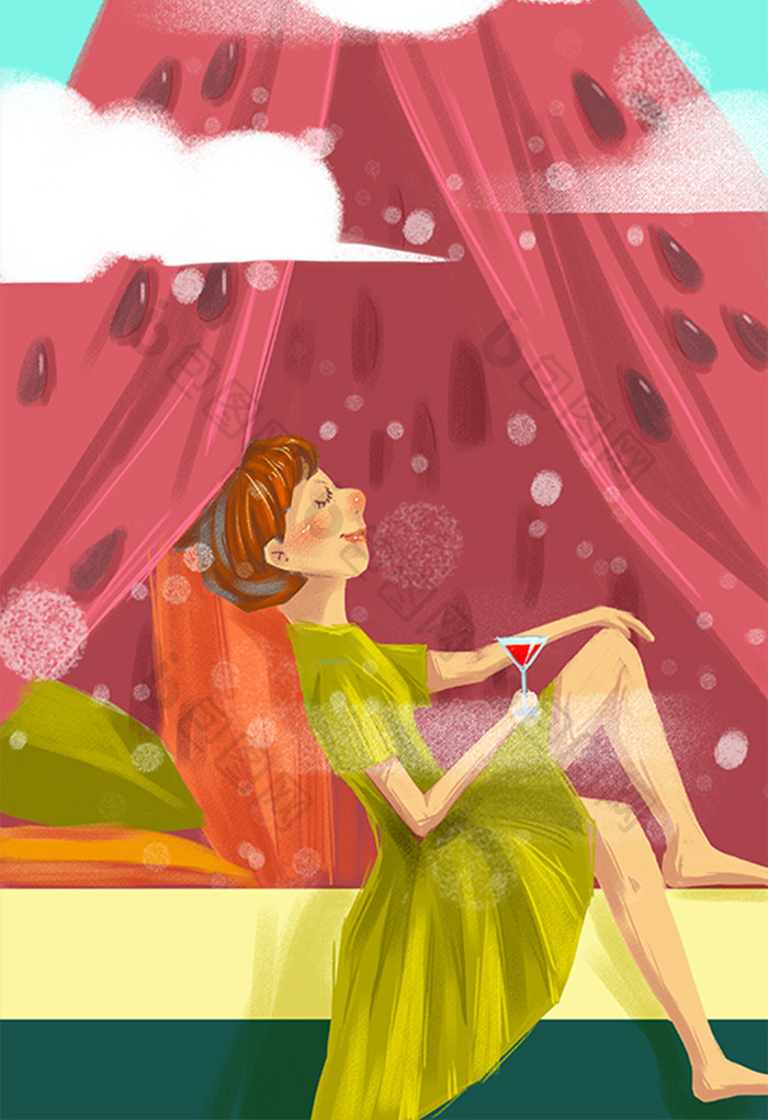 红色夏日西瓜帐篷女孩手绘插画素材