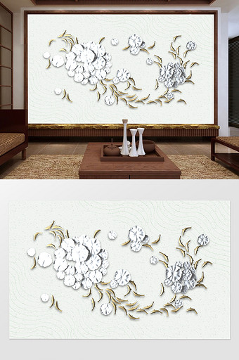 中国风3D立体荷叶鱼群电视背景墙图片