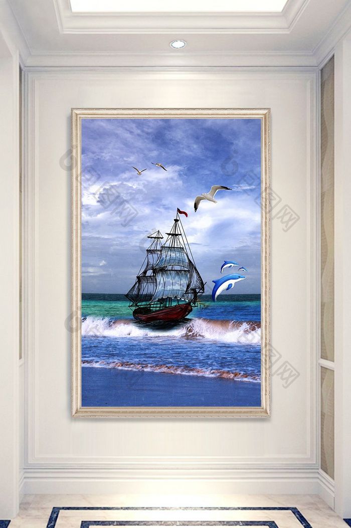 现代玄关海浪帆船油画装饰画