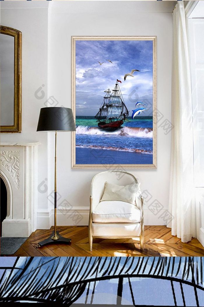 现代玄关海浪帆船油画装饰画