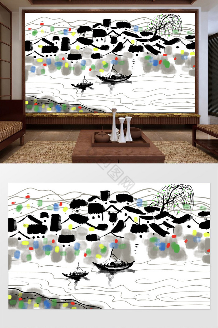 新中式写意抽象水墨山水背景墙图片