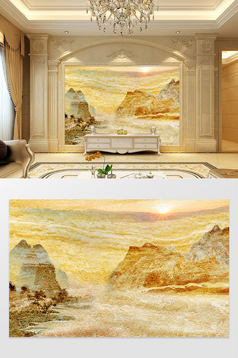 高清3D大理石纹山水花日出背景墙山间日出图片