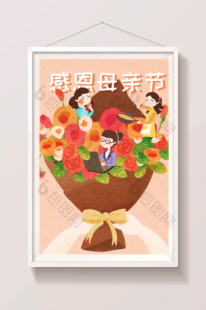 感恩母亲节红色系温暖花卉插画