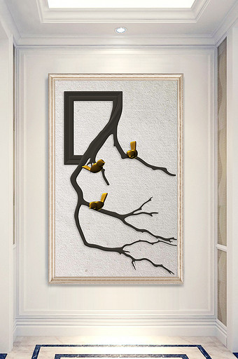 新中式复古3D树枝小鸟禅意玄关装饰画图片