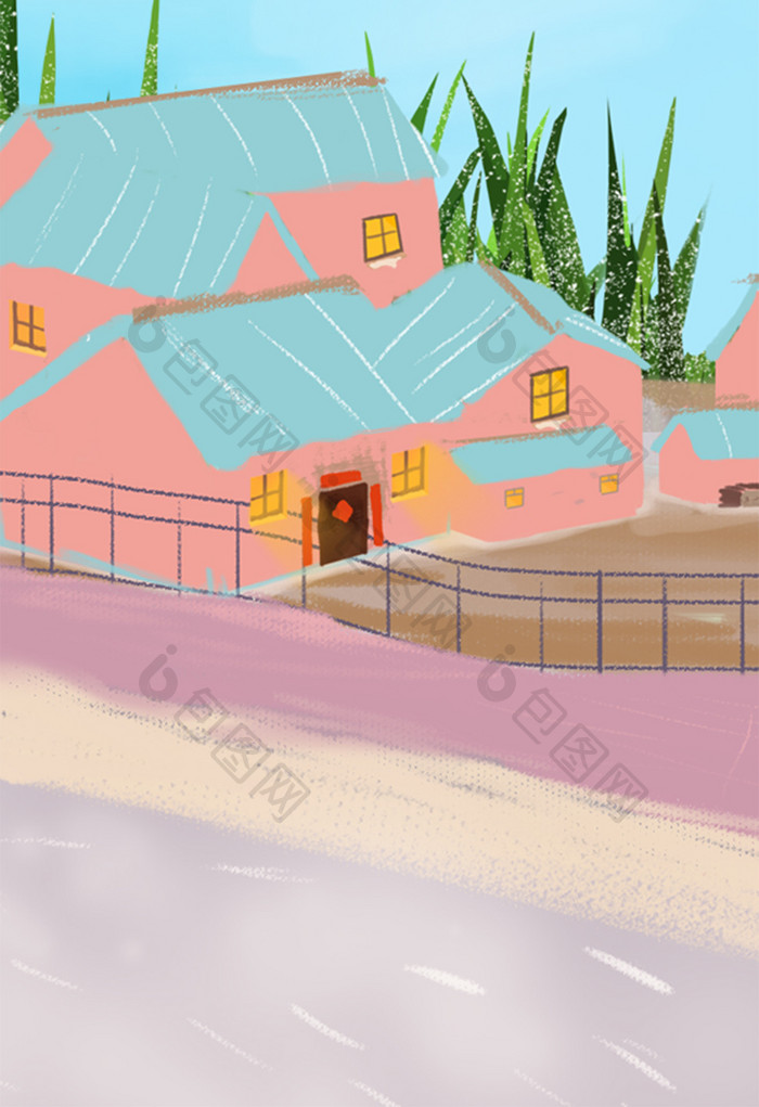 唯美清新可爱栅栏边儿的粉色房子